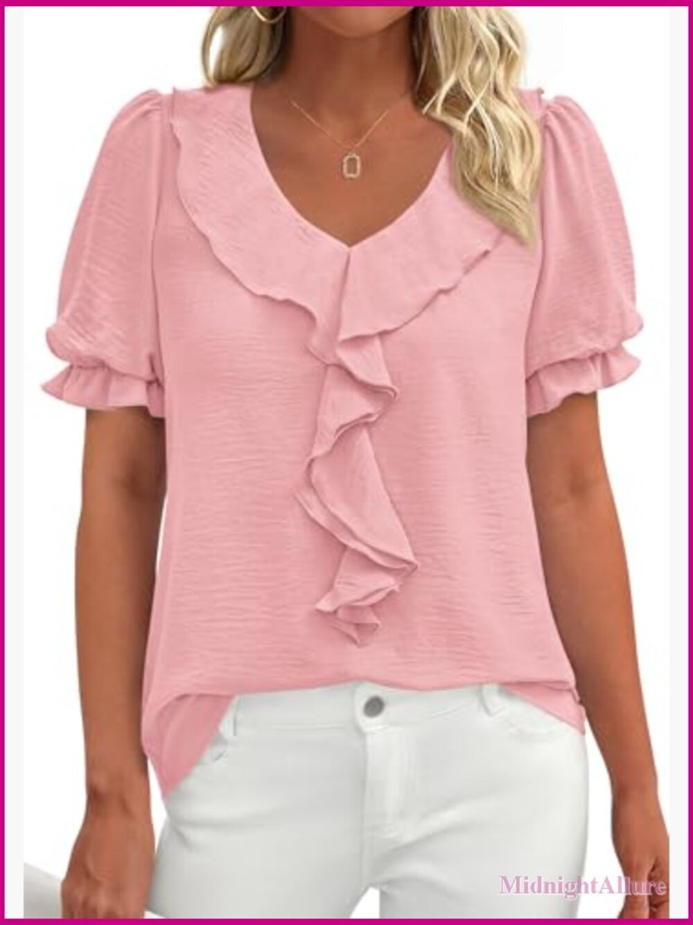 Puff Sleeve V Neck Ruffle Blouse - Short Sleeve Dressy Casual Top - Picture 3 of 7
